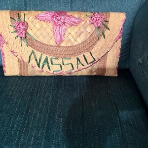 Handwoven Nassau Straw Clutch with Pink Embroidery